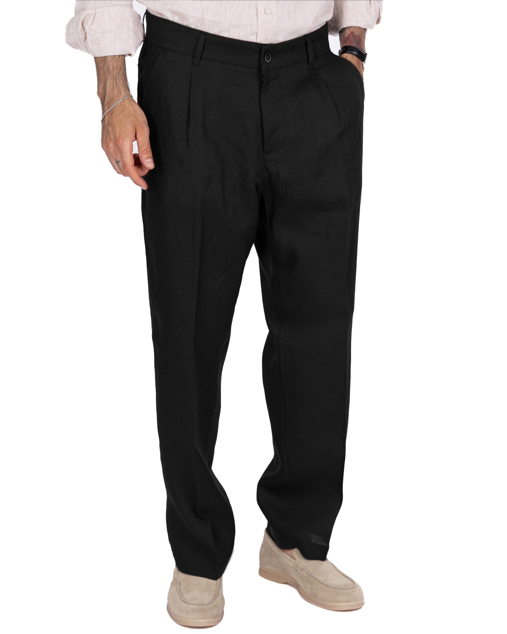 Lucas - pantalone largo in puro lino nero con pinces