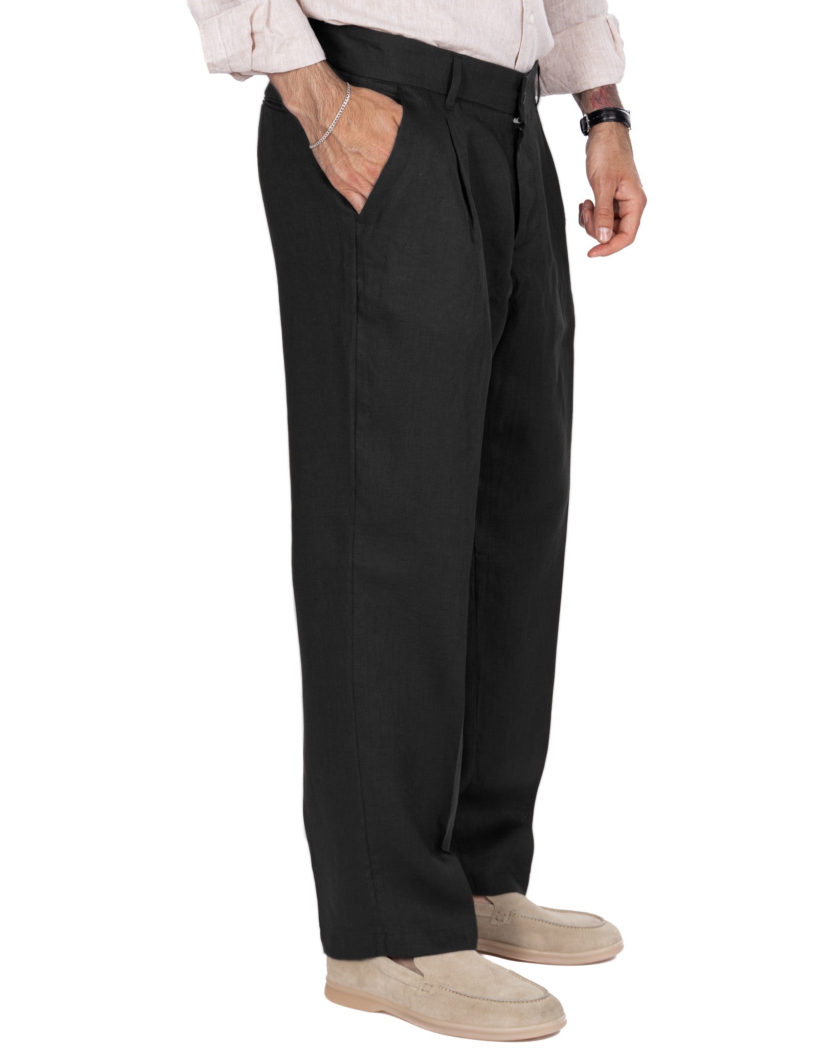 Lucas - pantalone largo in puro lino nero con pinces