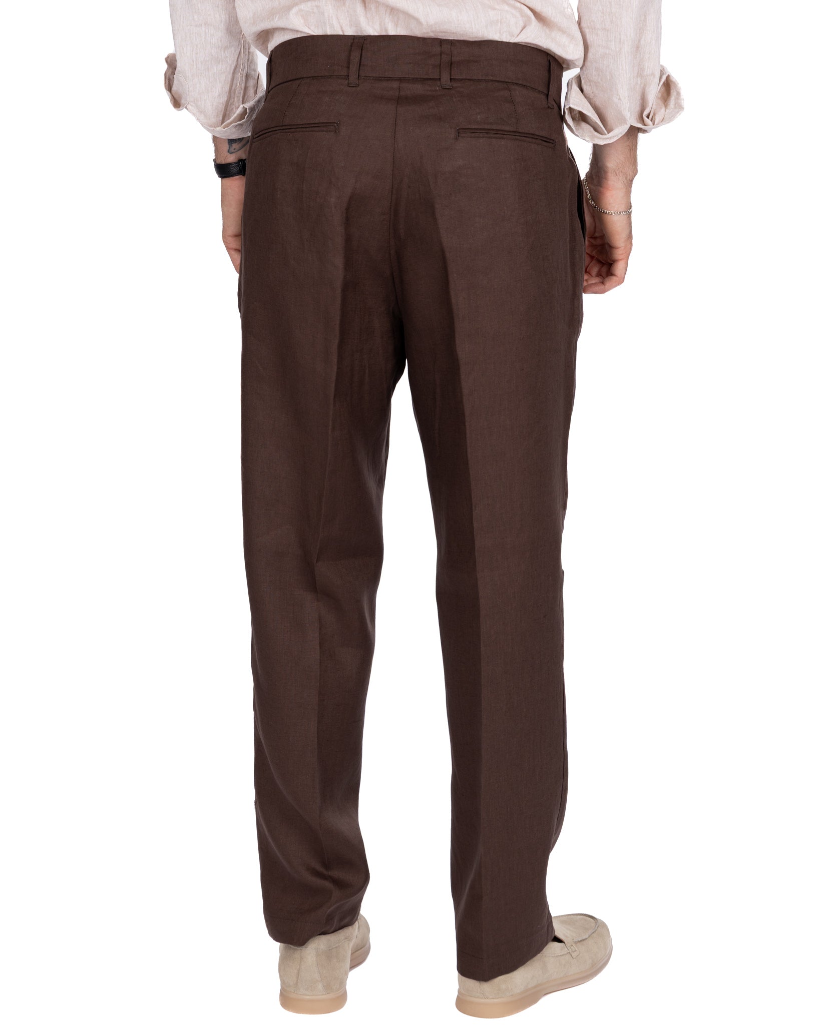 Lucas - pantalone largo in puro lino moro con pinces