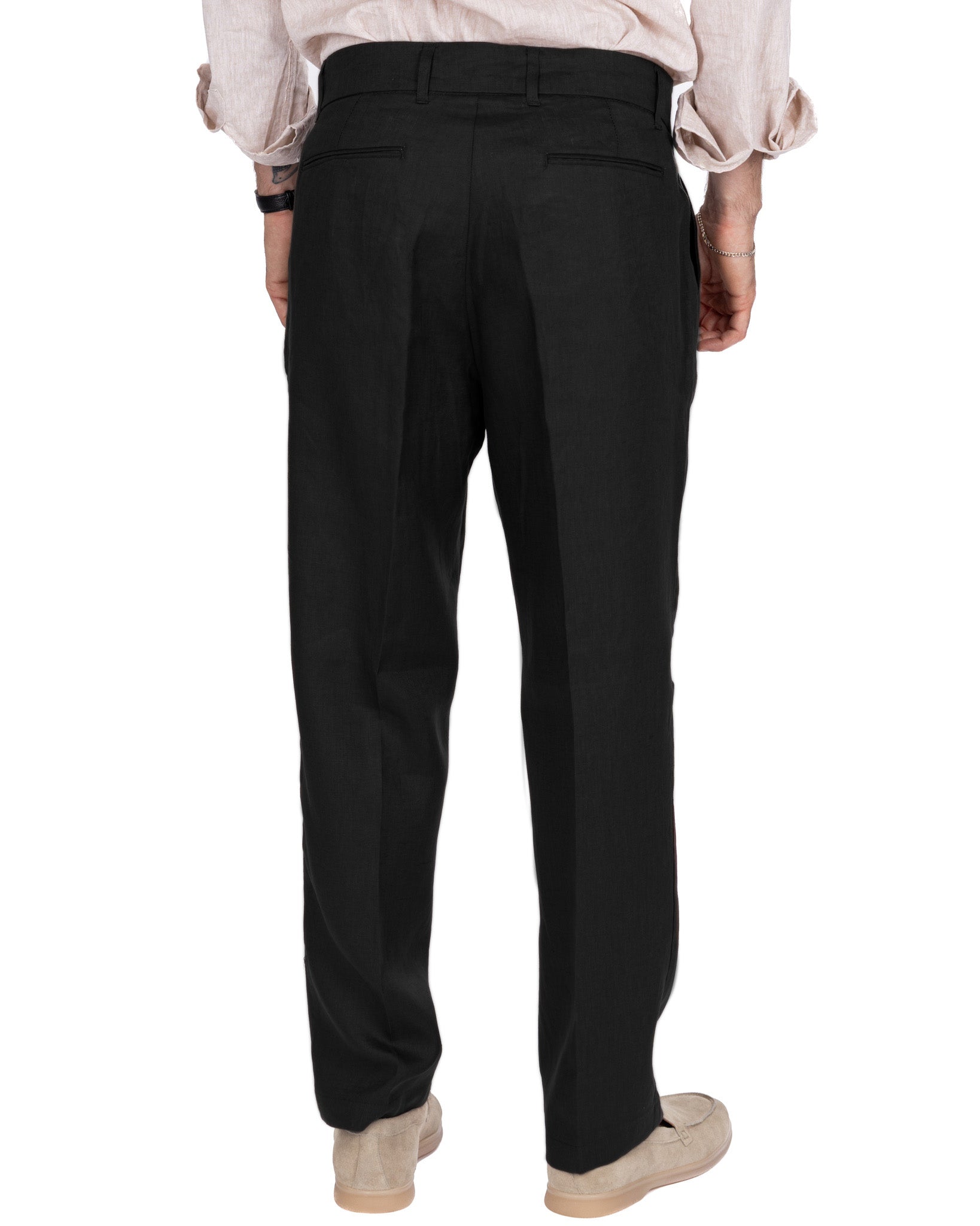 Lucas - pantalone largo in puro lino nero con pinces