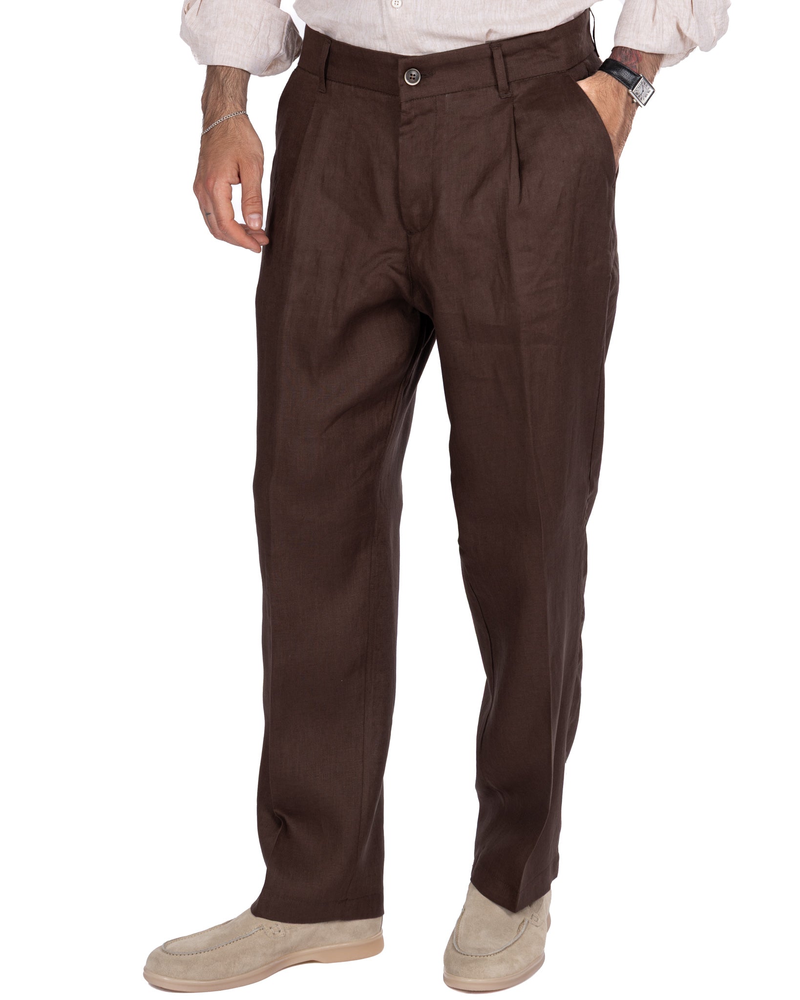 Lucas - pantalone largo in puro lino moro con pinces
