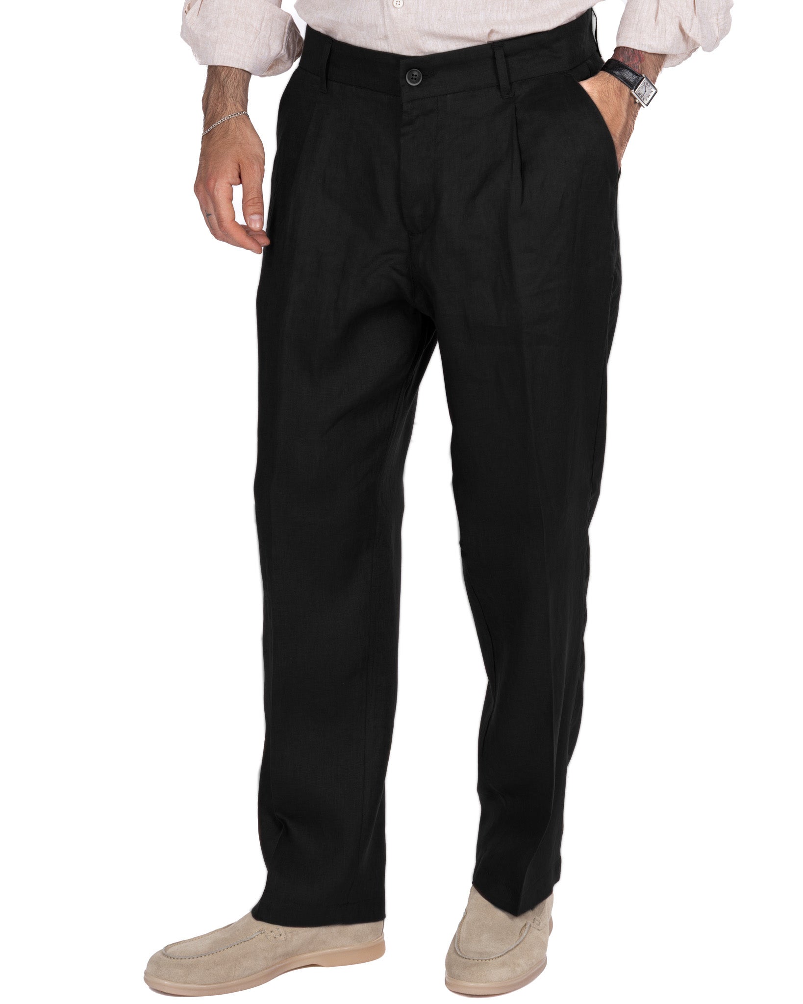 Lucas - pantalone largo in puro lino nero con pinces