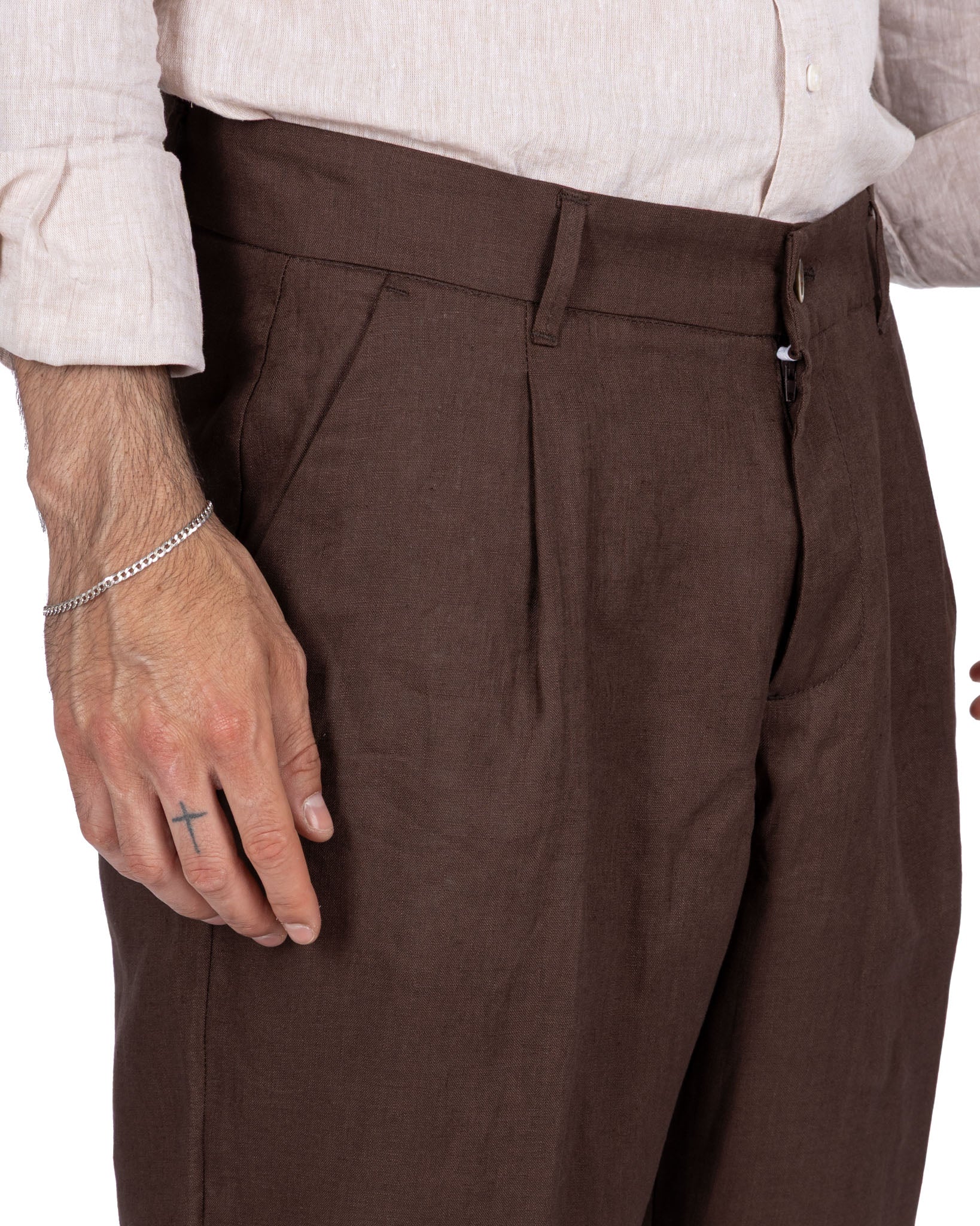 Lucas - pantalone largo in puro lino moro con pinces