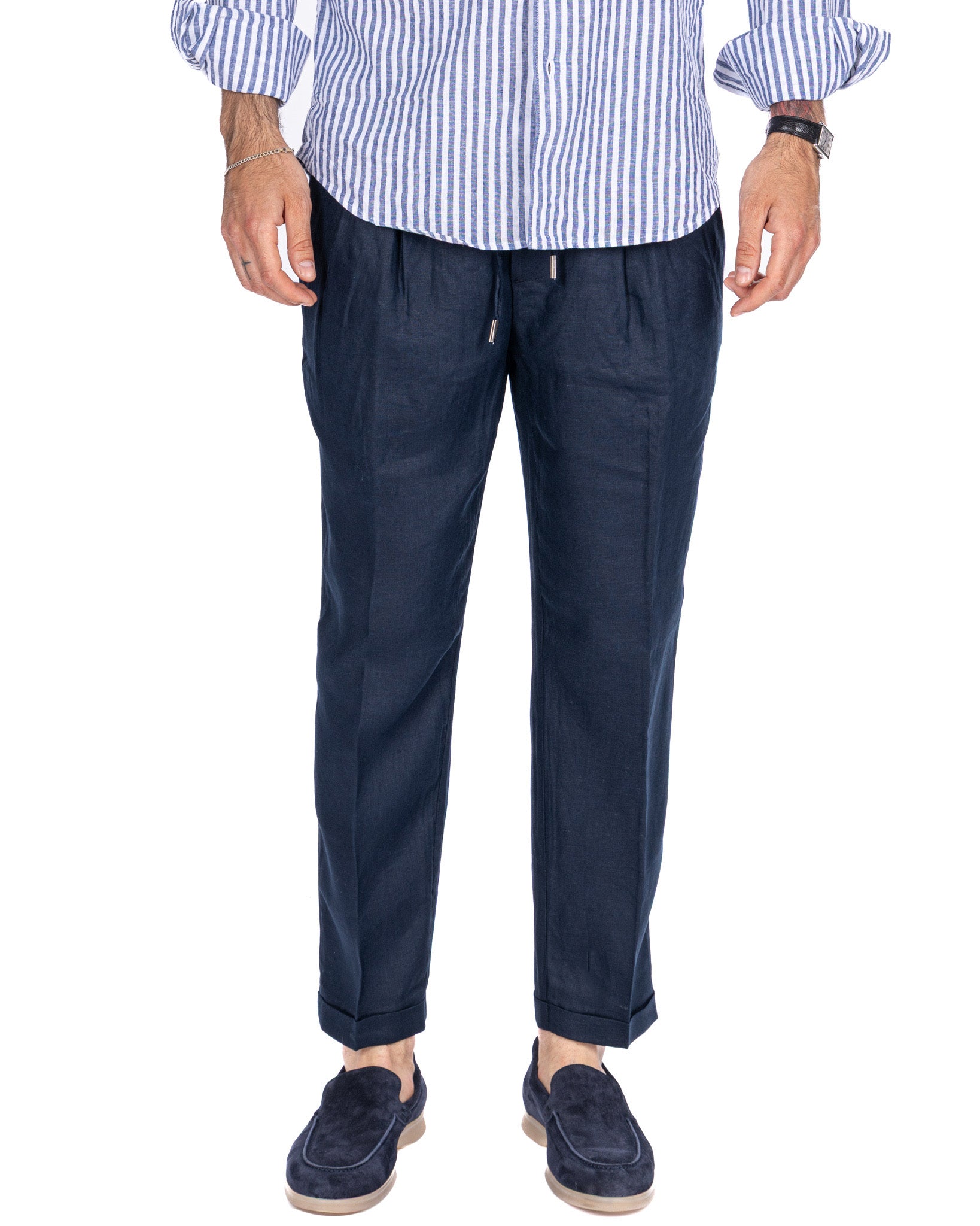 Cary - pantalaccio in puro lino blu