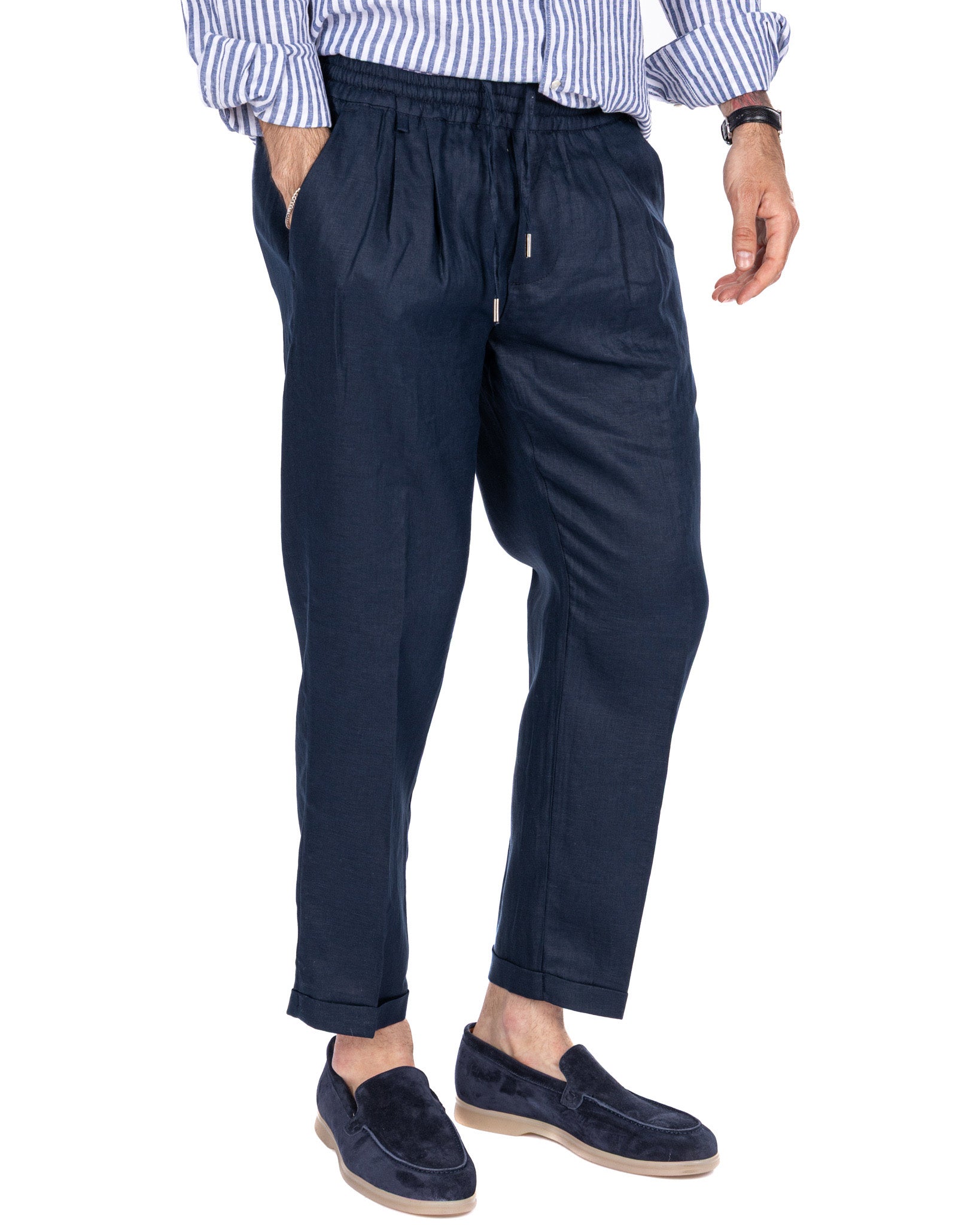 Cary - pantalaccio in puro lino blu