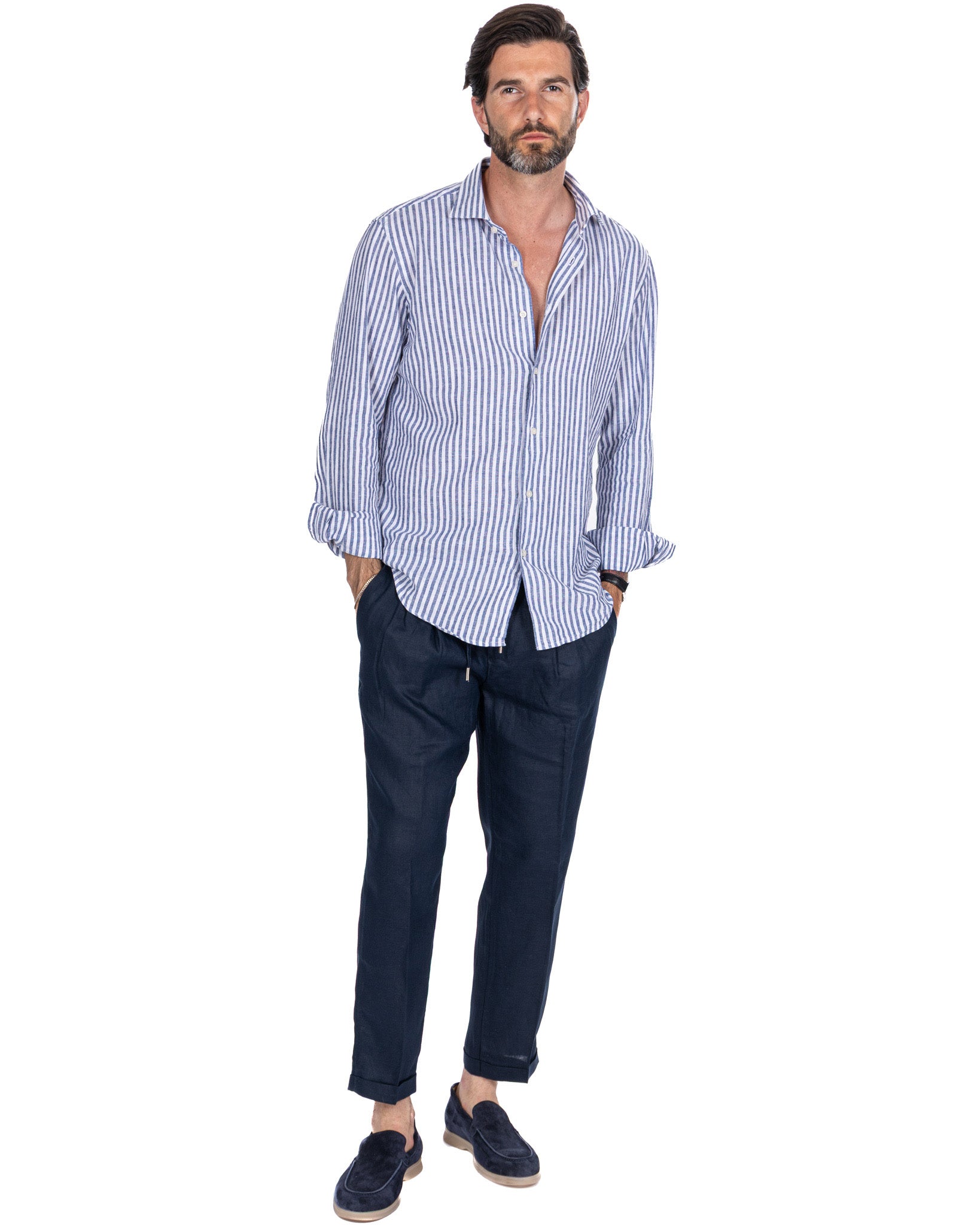 Cary - pantalaccio in puro lino blu