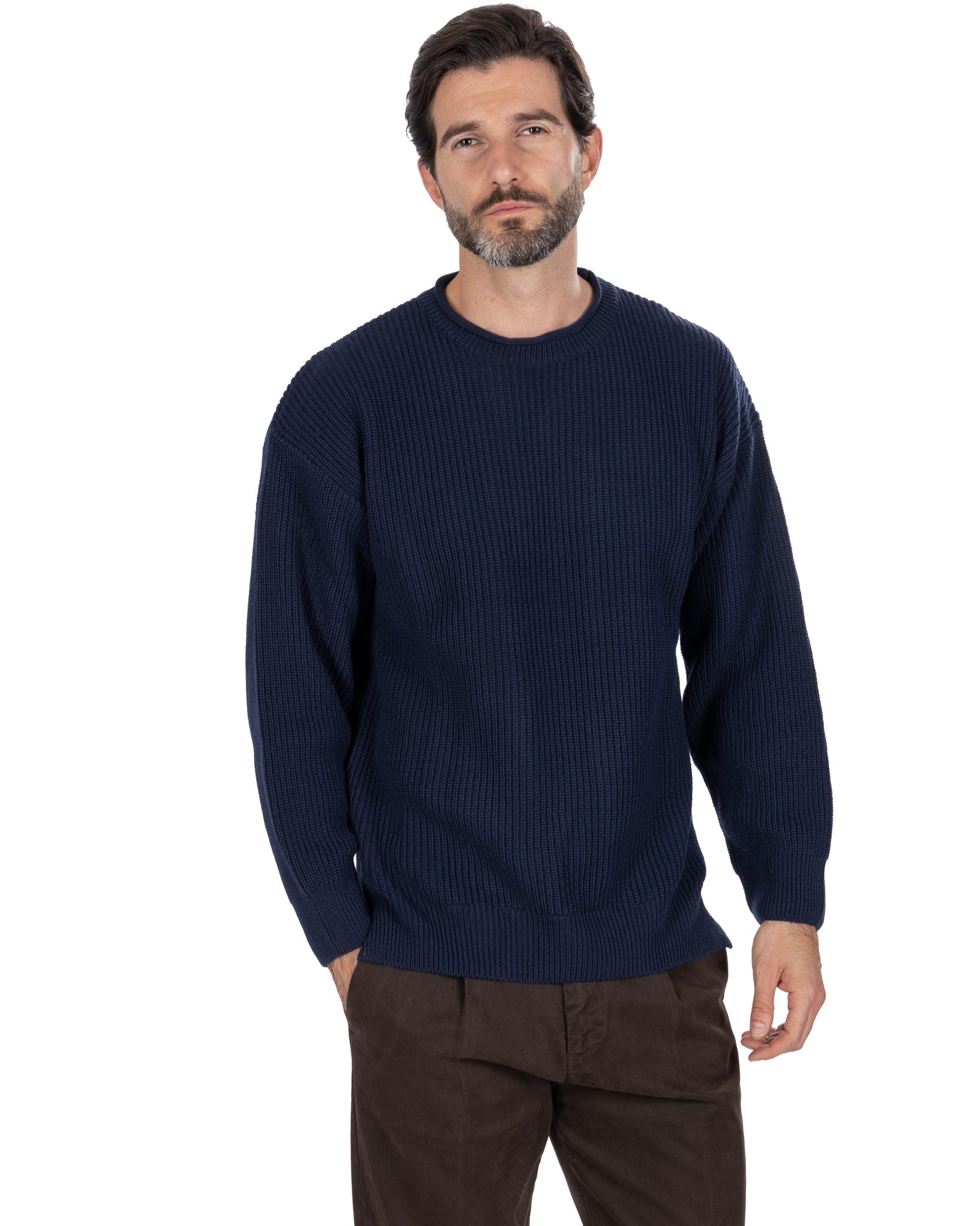 Pull ras du cou côtelé bleu Sven