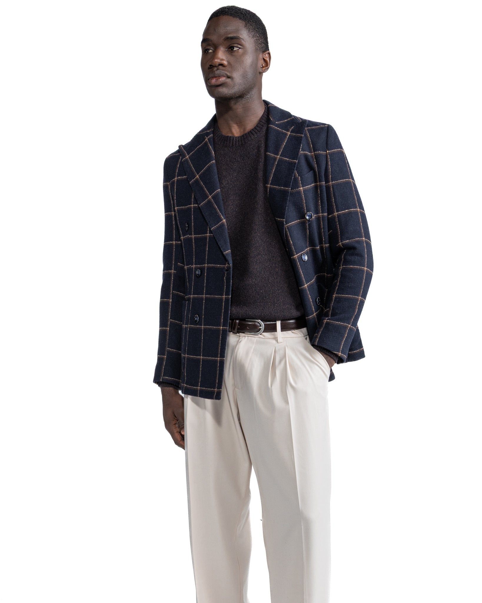 Giacca doppiopetto Fuji a quadri blu