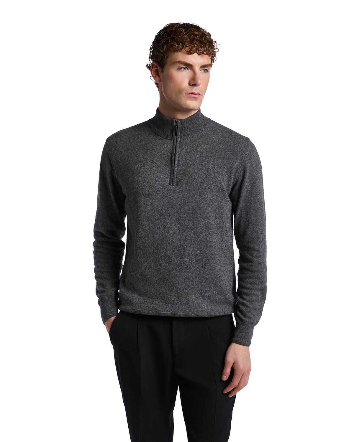 Men's gray zip-up sweater, made from soft wool blend, featuring a classic slim fit and ribbed cuffs for a polished look.