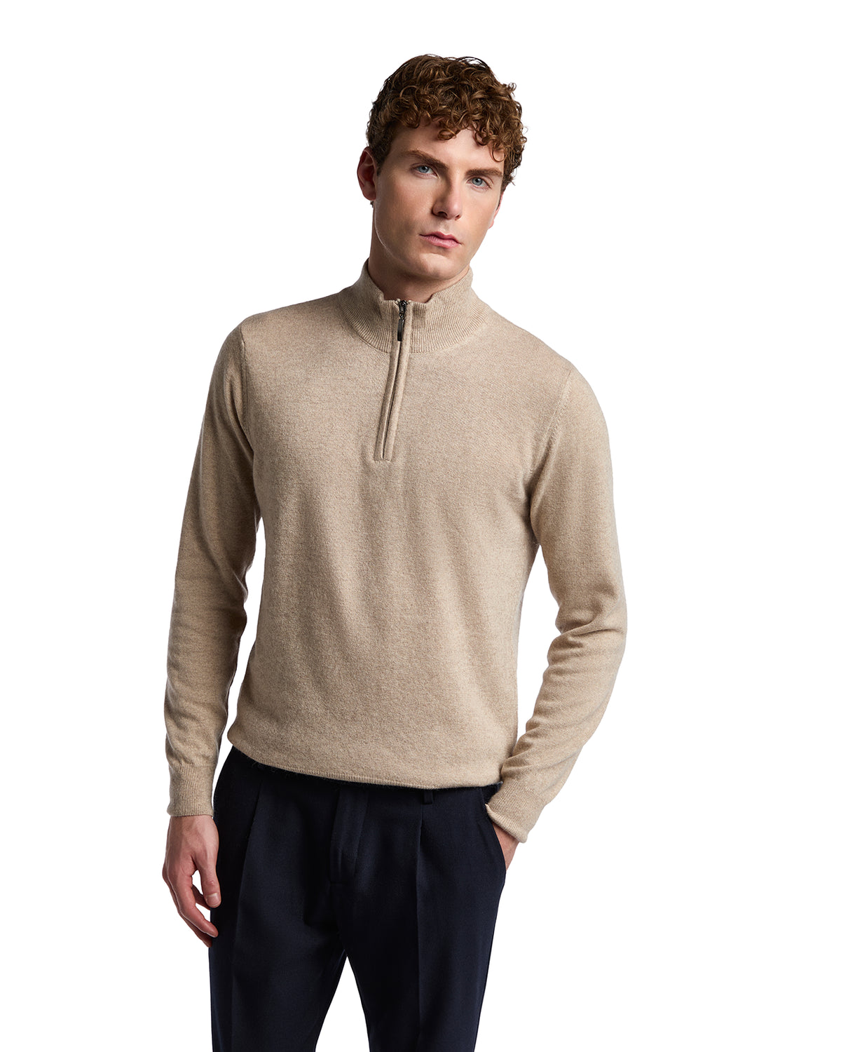 Rory zip-up turtleneck sweater in sand cashmere blend