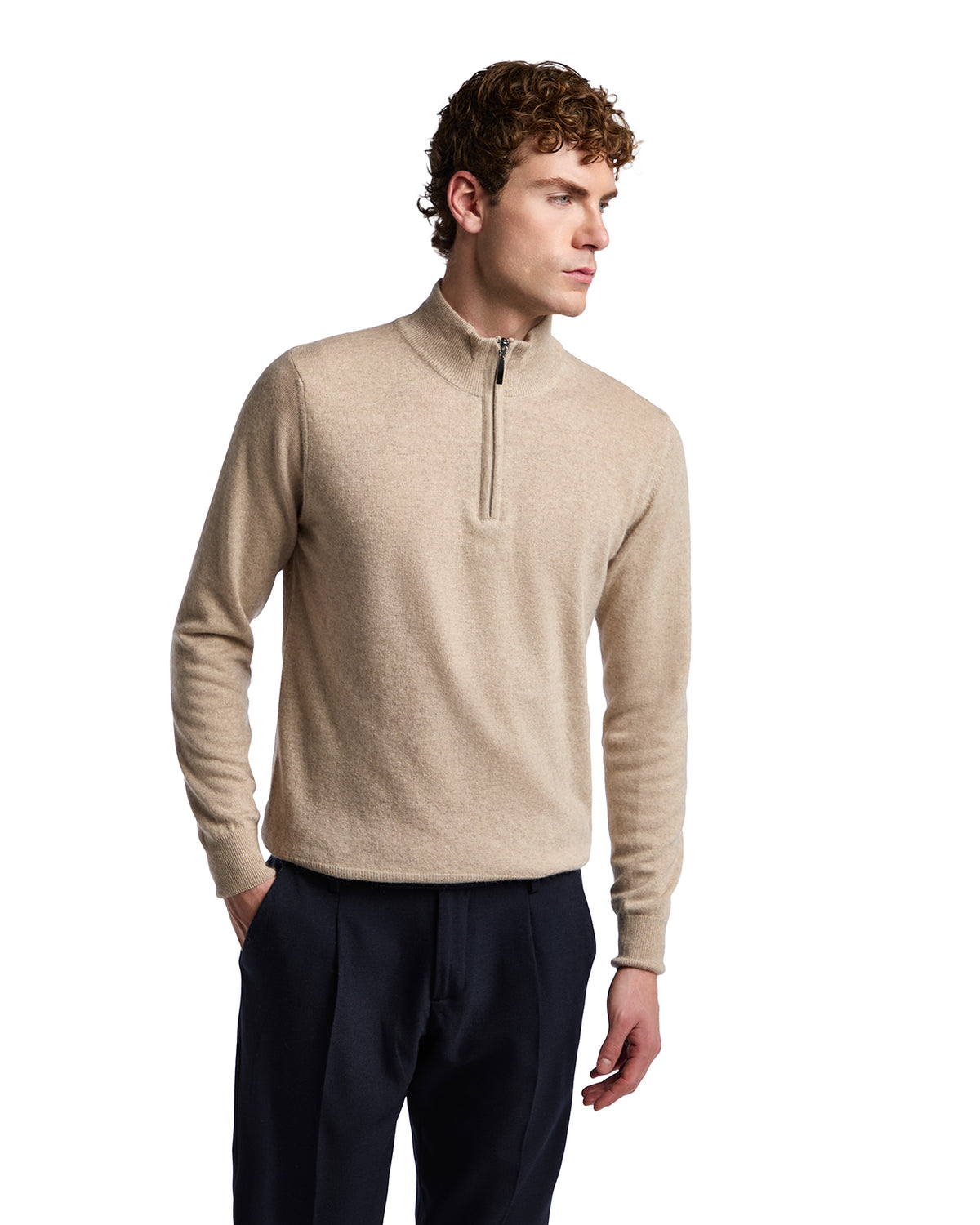 Rory zip-up turtleneck sweater in sand cashmere blend