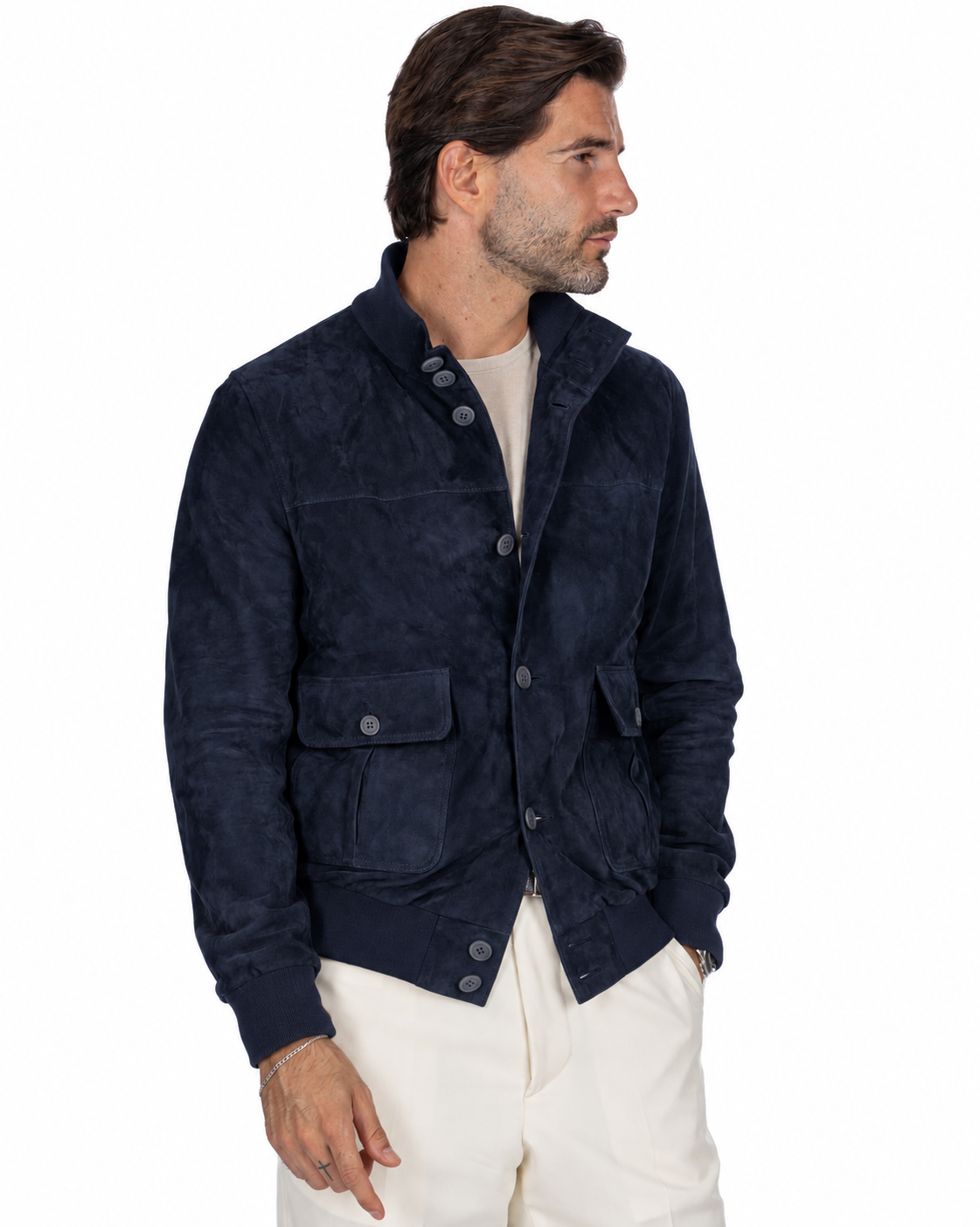 Bomber con bottoni scamosciato blu