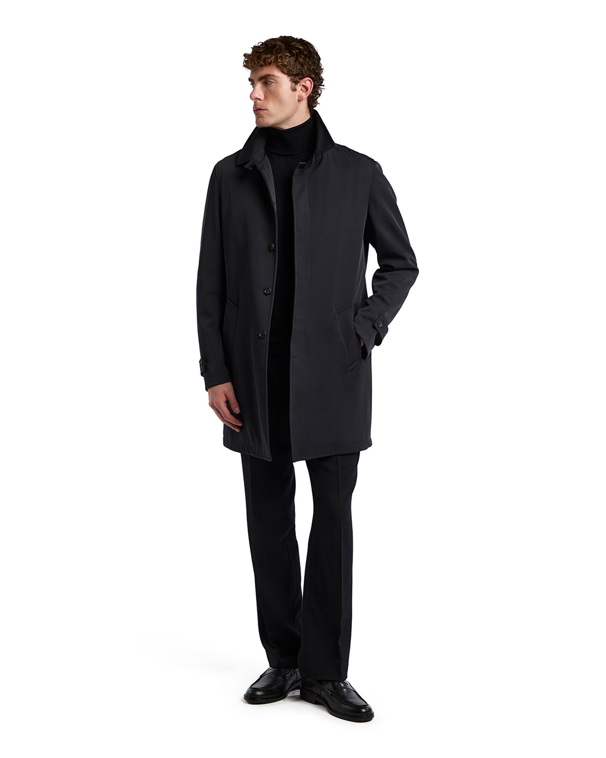 Men's black wool blend trench coat with a modern fit and button closure, perfect for stylish outerwear.