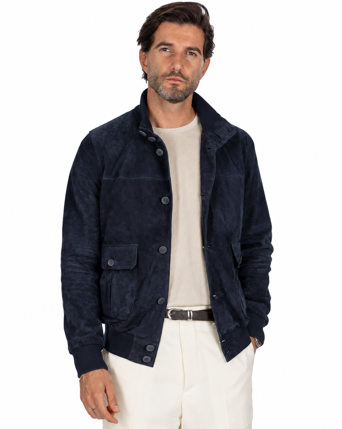 Bomber con bottoni scamosciato blu