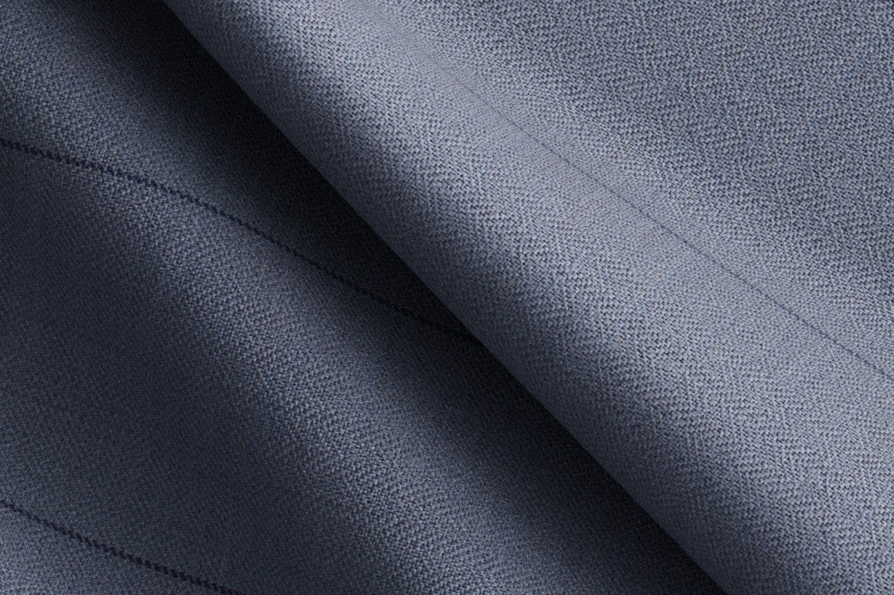 Light blue pinstriped 130s wool tailored trousers with band Caccioppoli