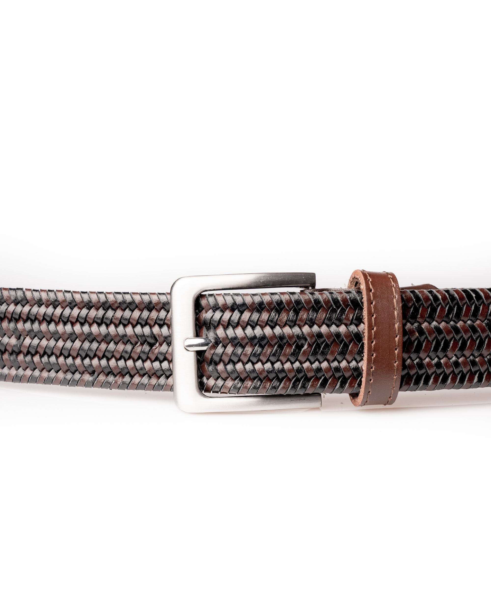 CINTURÓN DE PIEL CON TEJIDO ESTRECHO MARRÓN Y NEGRO