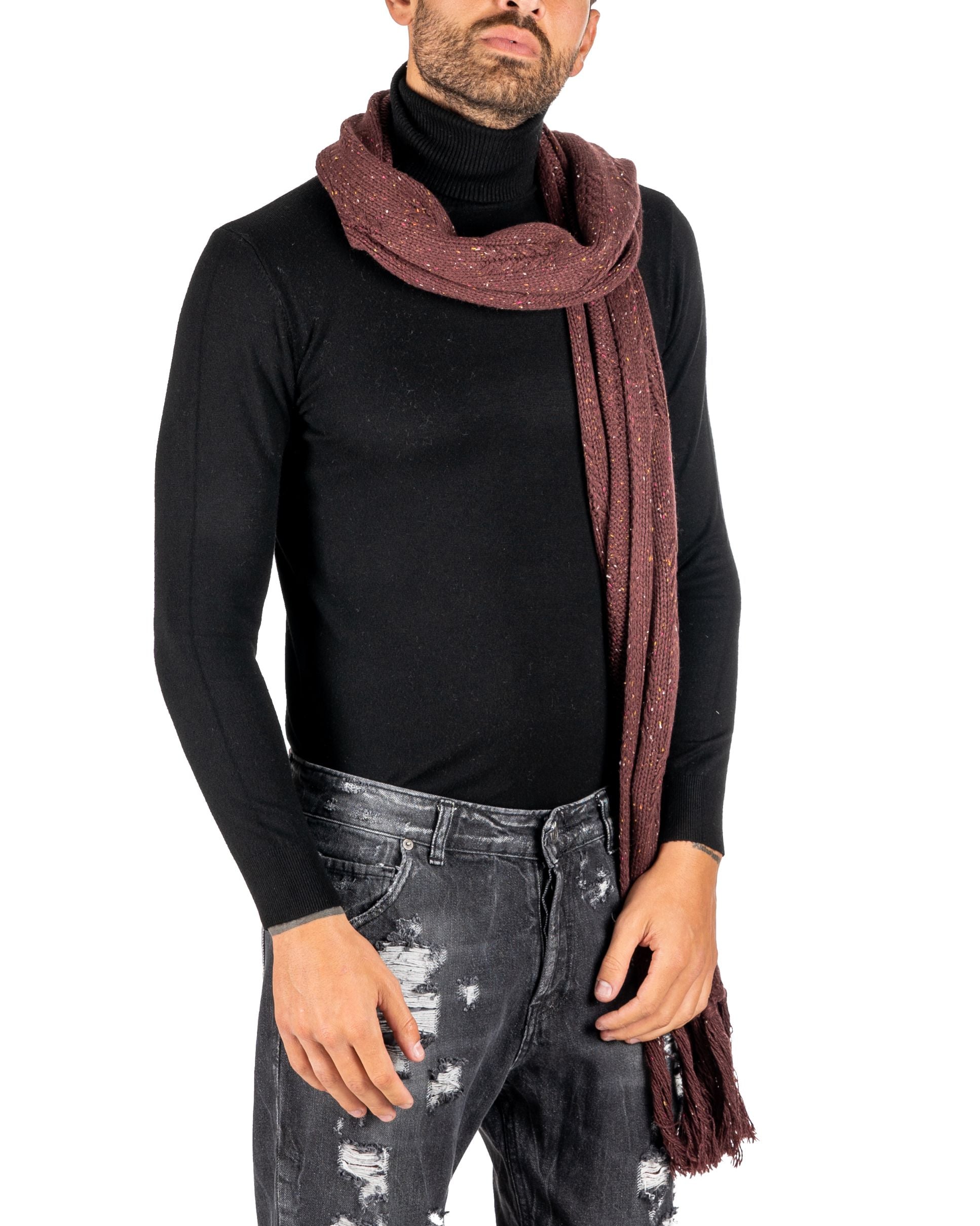HEAVY BURGUNDY SCARF WITH MULTICOLORED MICRO PATTERN FRINGES