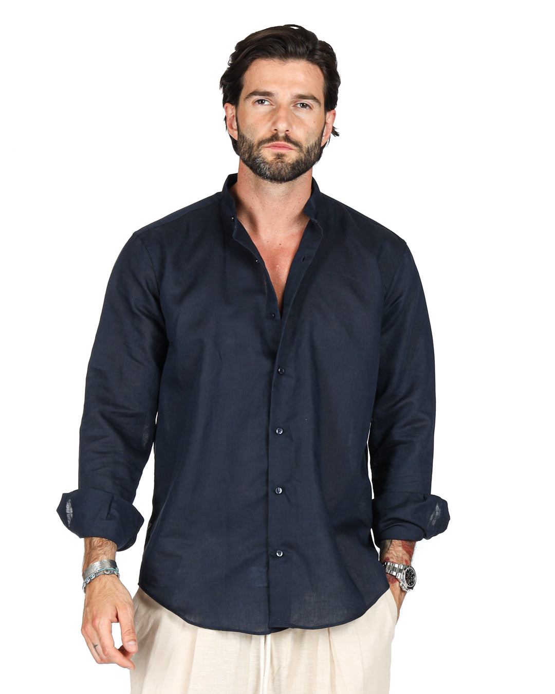 Positano - Camicia coreana blu in lino