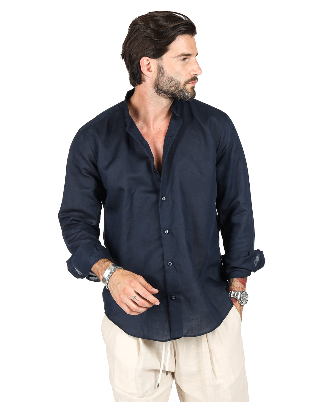 Positano - Camicia coreana blu in lino