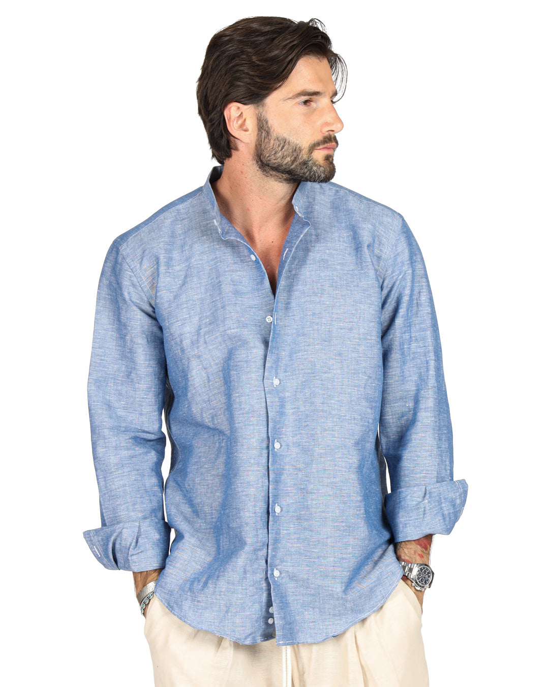 Positano - Camicia coreana denim in lino