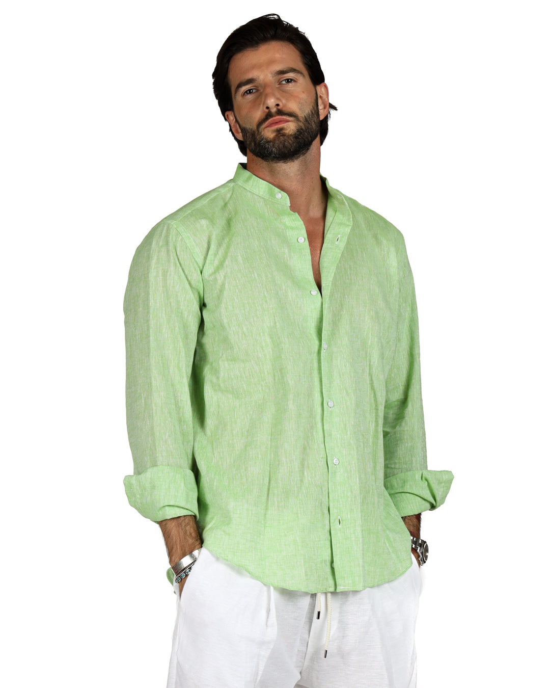 Positano - Camicia coreana verde mela in lino