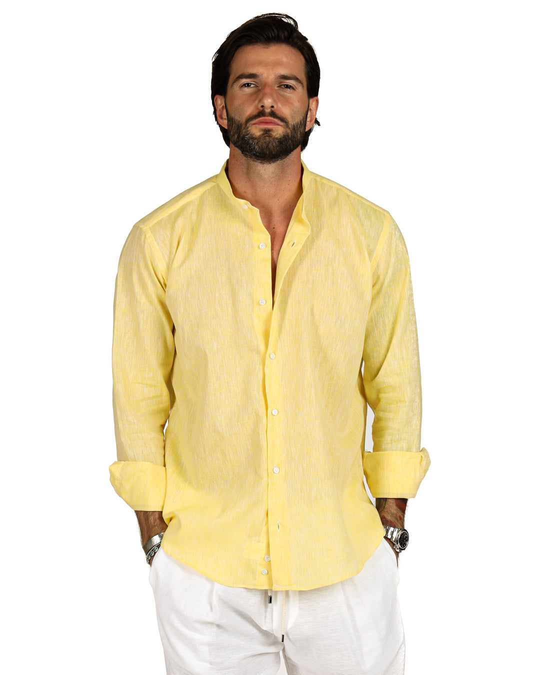 Positano - Chemise coréenne en lin jaune