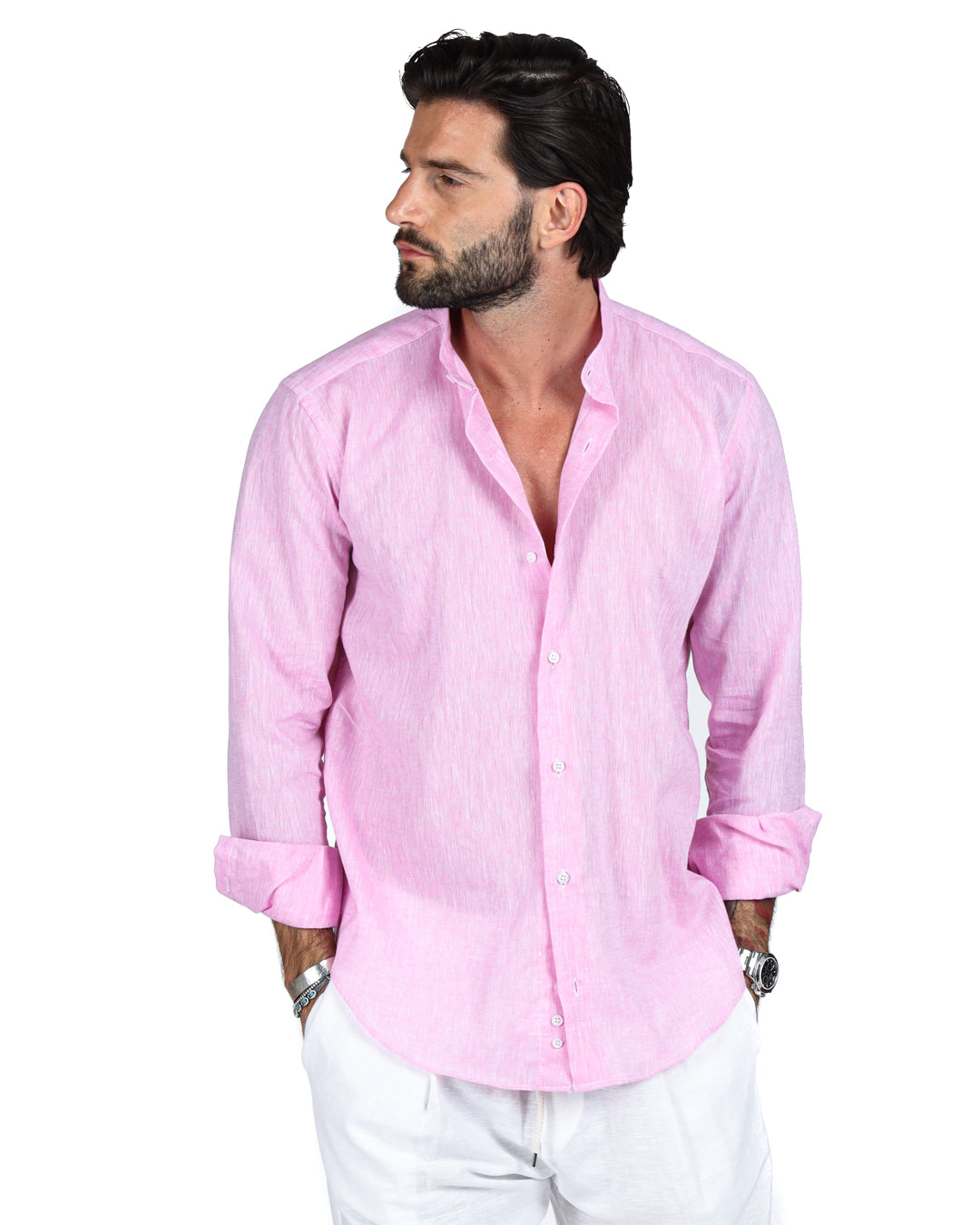 Positano - Camicia coreana rosa in lino