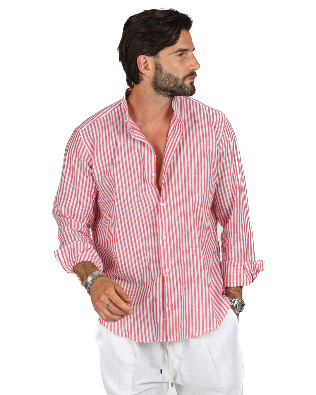 Ischia - Camicia coreana righe strette rossa in lino