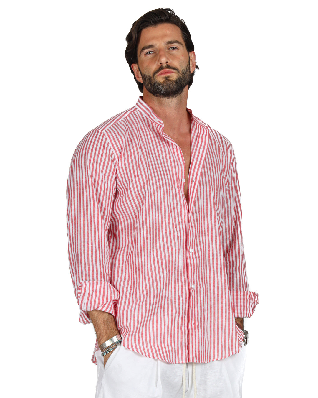 Ischia - Camicia coreana righe strette rossa in lino