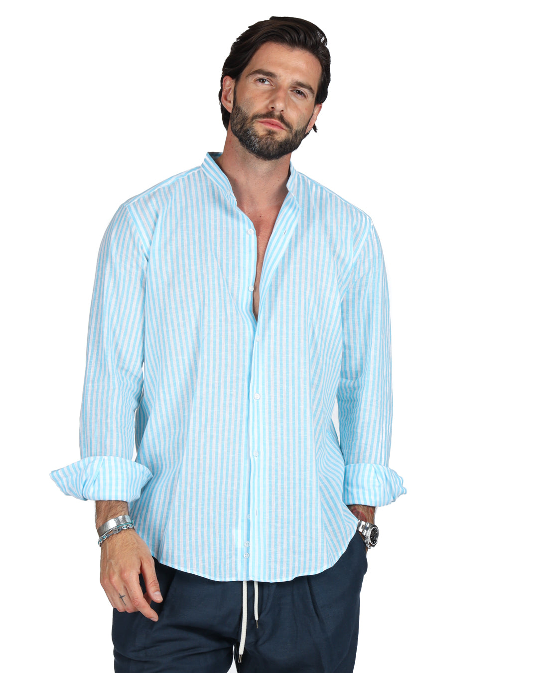 Ischia - Camicia coreana righe strette turchese in lino