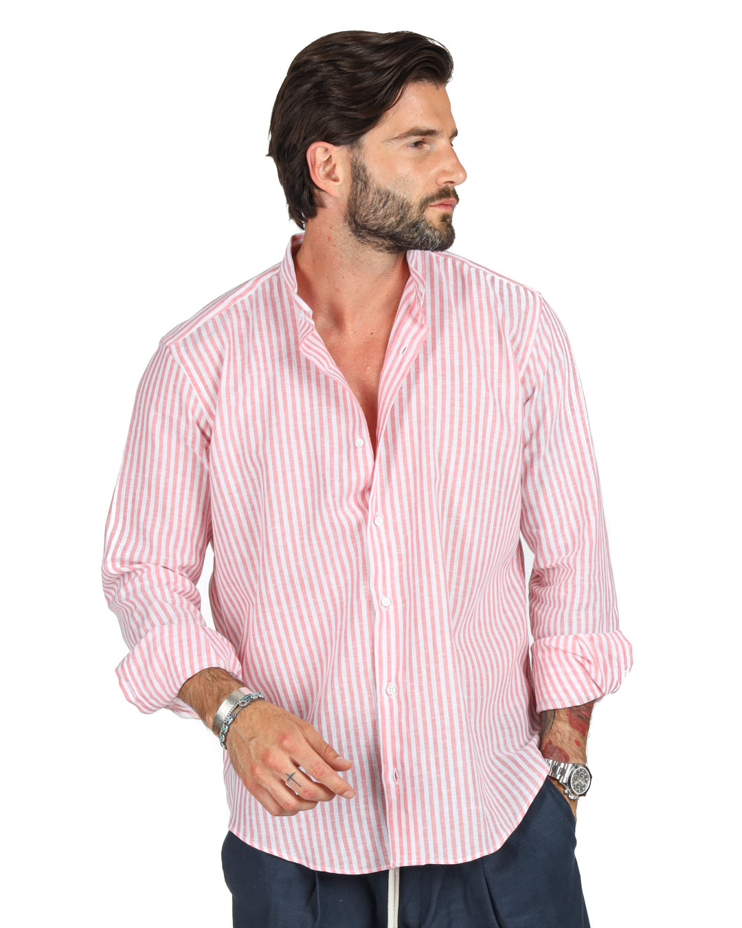 Ischia - Camicia coreana righe strette rosa in lino