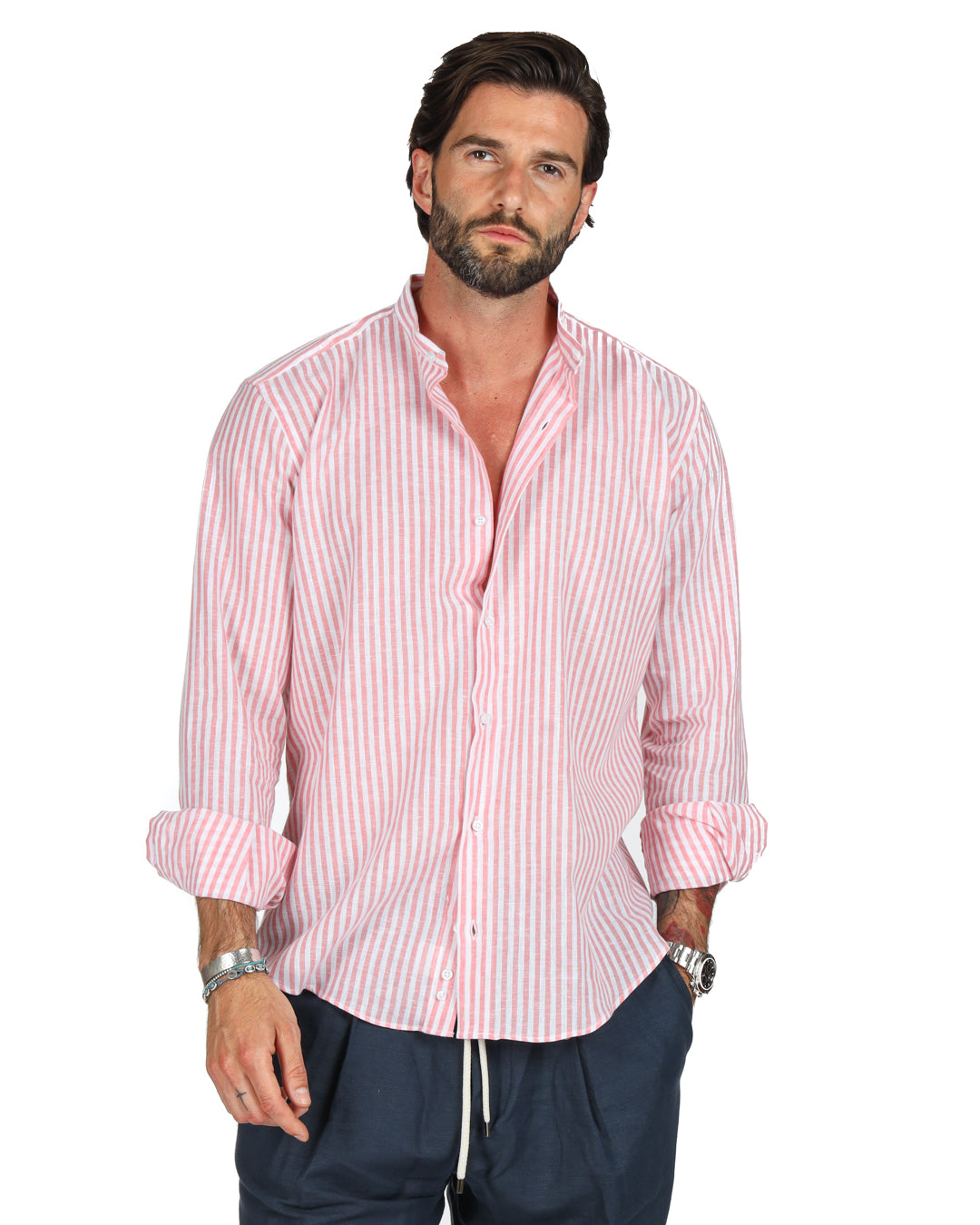 Ischia - Camicia coreana righe strette rosa in lino