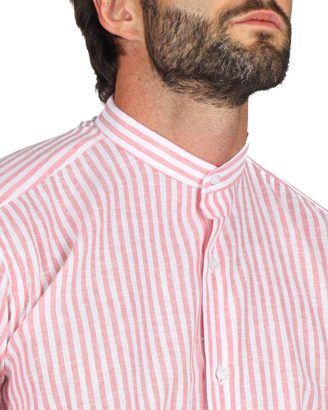 Ischia - Chemise coréenne en lin fines rayures rose
