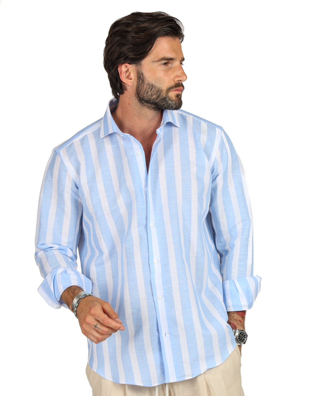 Amalfi - Camicia classica riga maxi azzurra