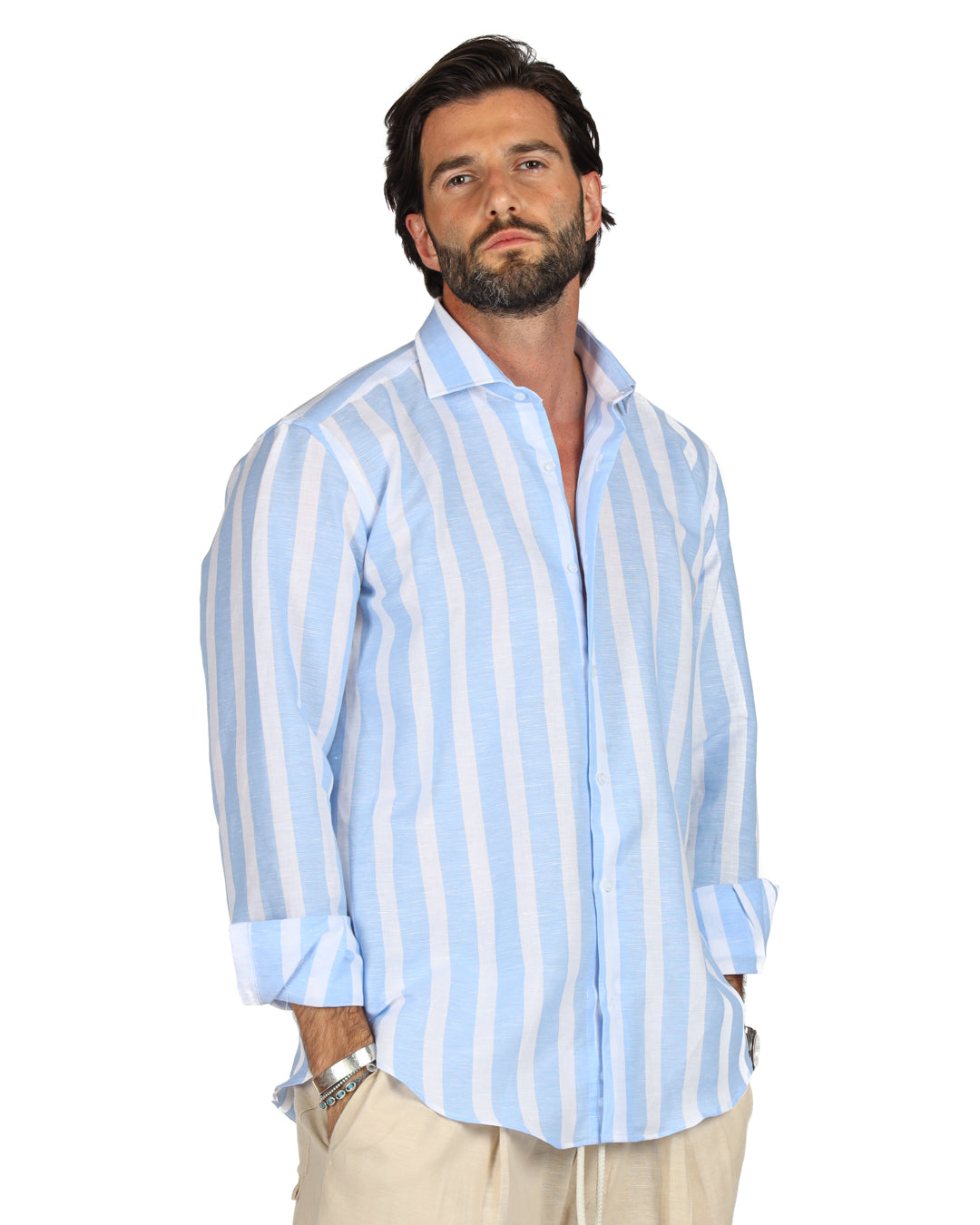 Amalfi - Camicia classica riga maxi azzurra