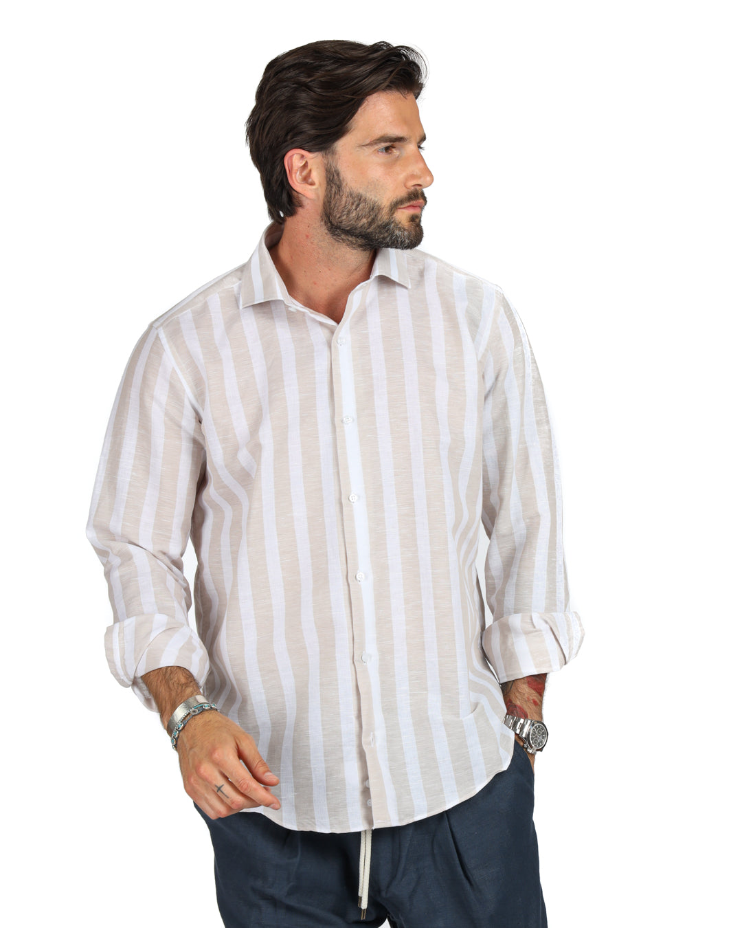 Amalfi - La chemise maxi rayures beige classique