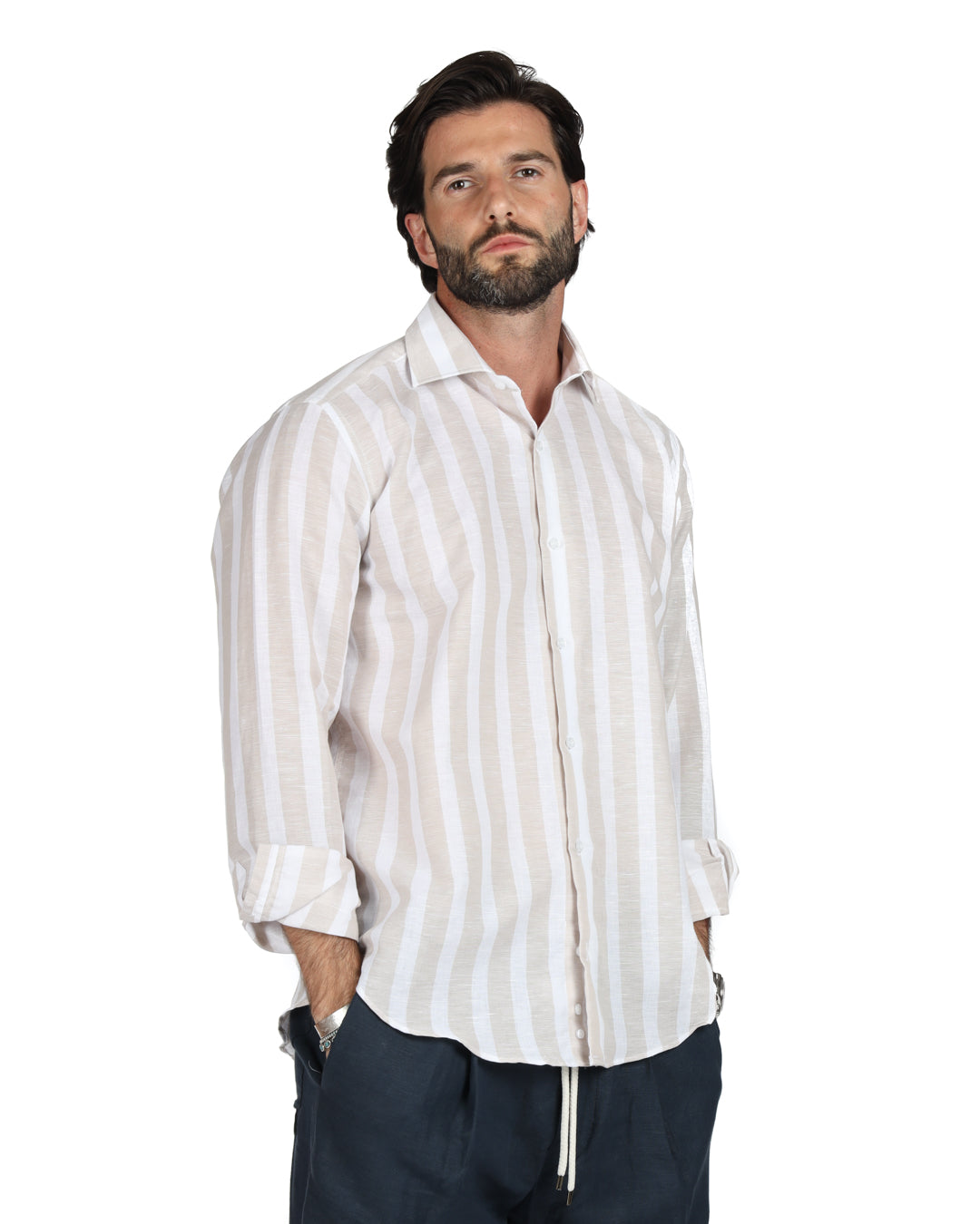 Amalfi - Camicia classica riga maxi beige