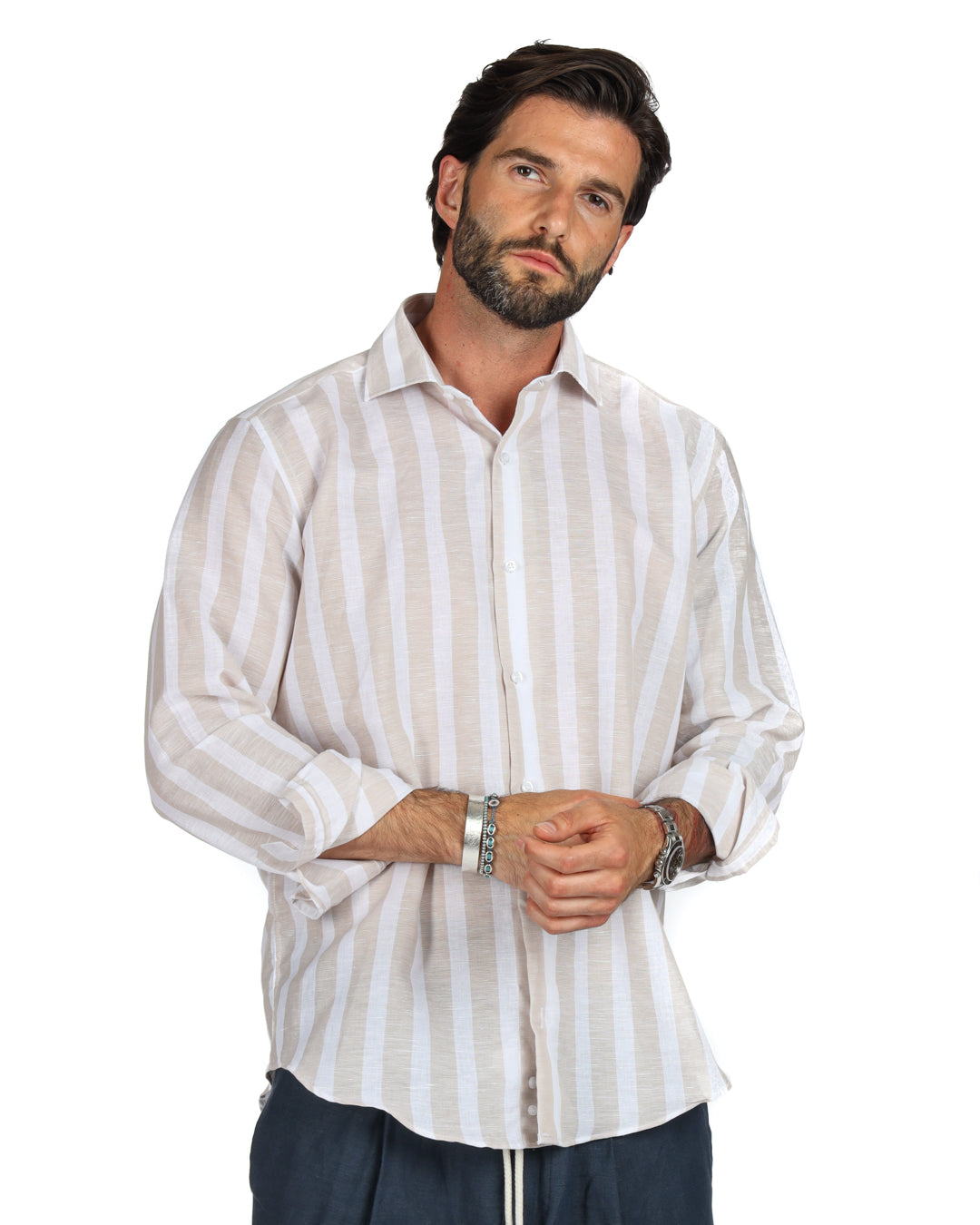 Amalfi - La chemise maxi rayures beige classique
