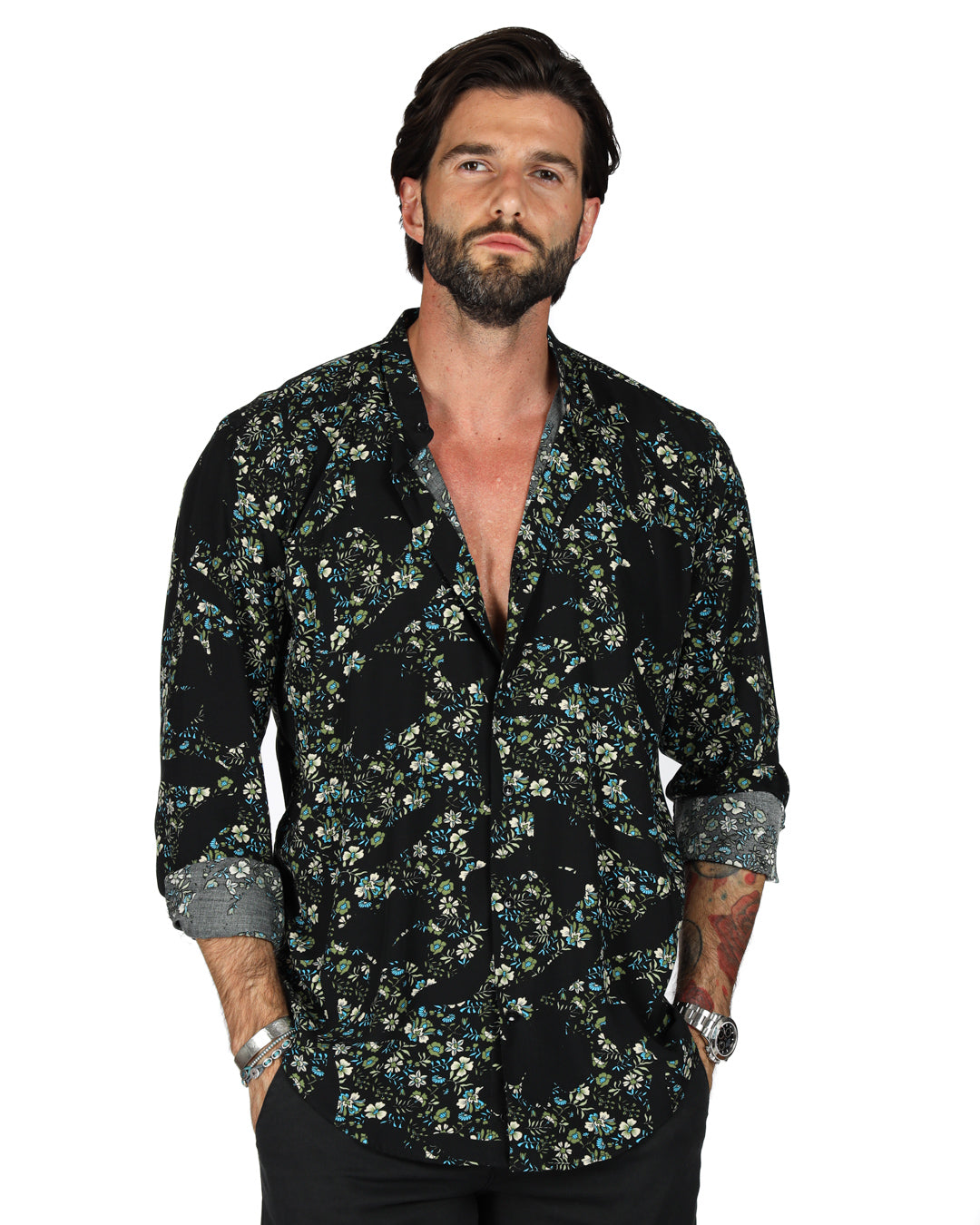 Aruba - Camicia coreana fantasia floreale blu