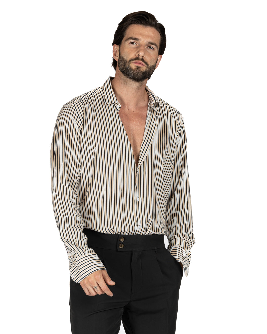Barbuda - Classic beige striped patterned shirt