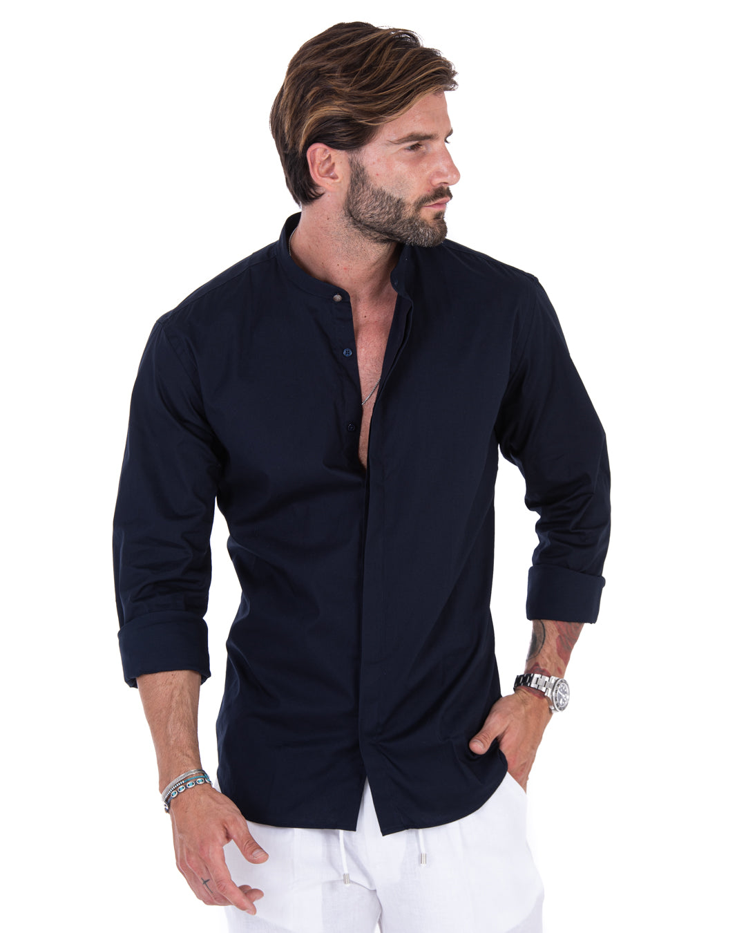 Camicia - basic coreana blu in cotone