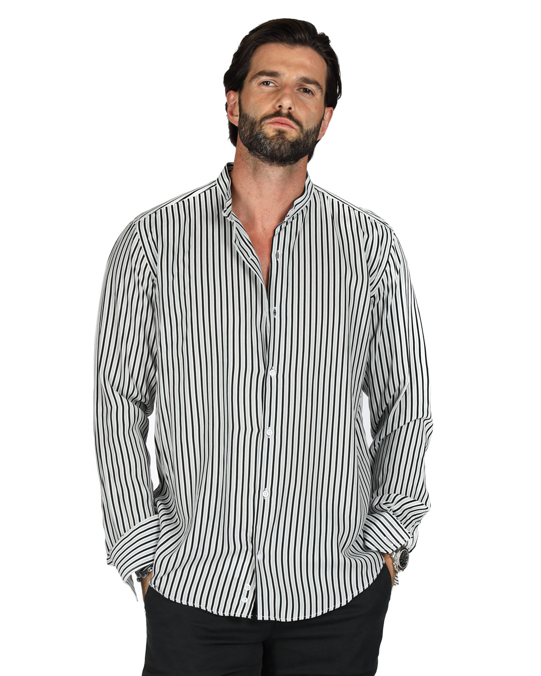 Grenade - Chemise coréenne rayée grise à motifs