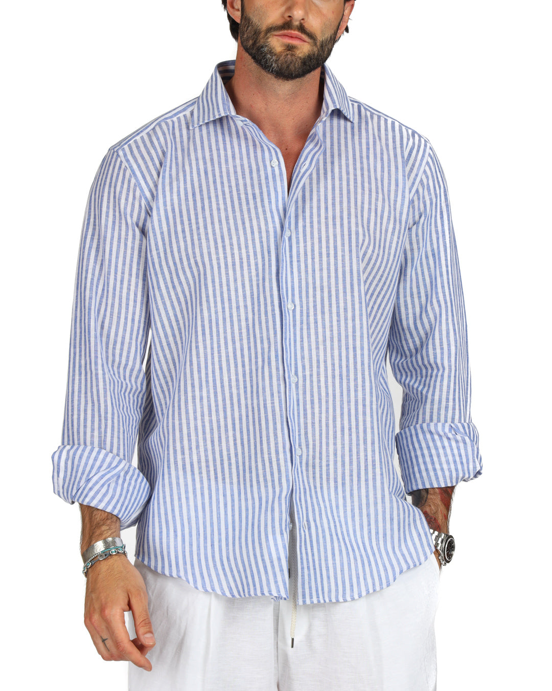 Ischia - Camicia classica righe strette azzurre in lino