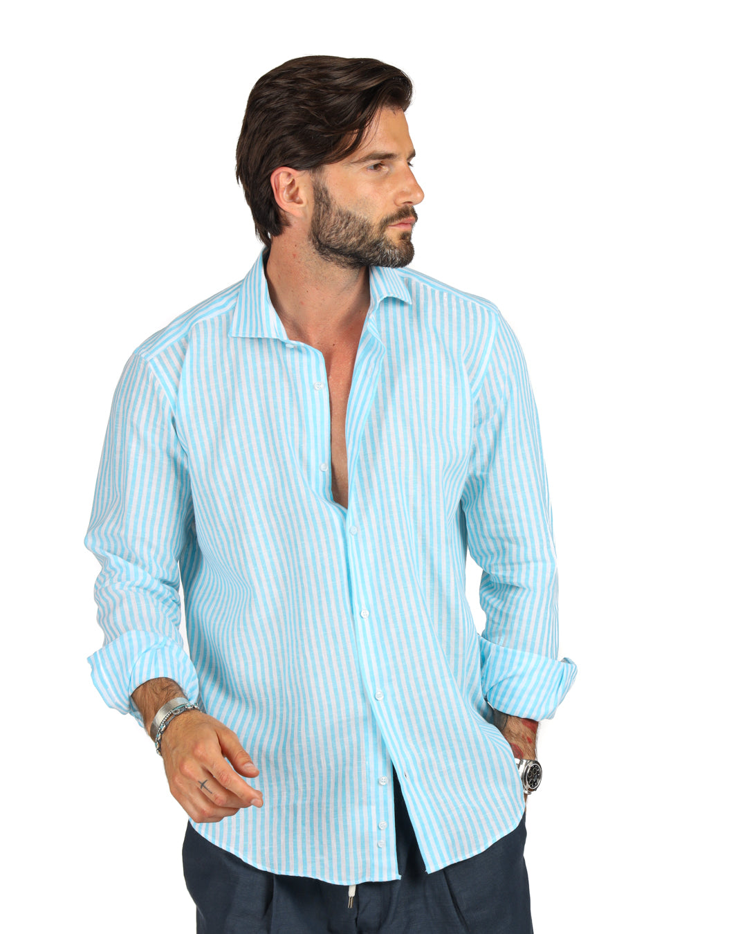 Ischia - Camicia classica righe strette turchese in lino