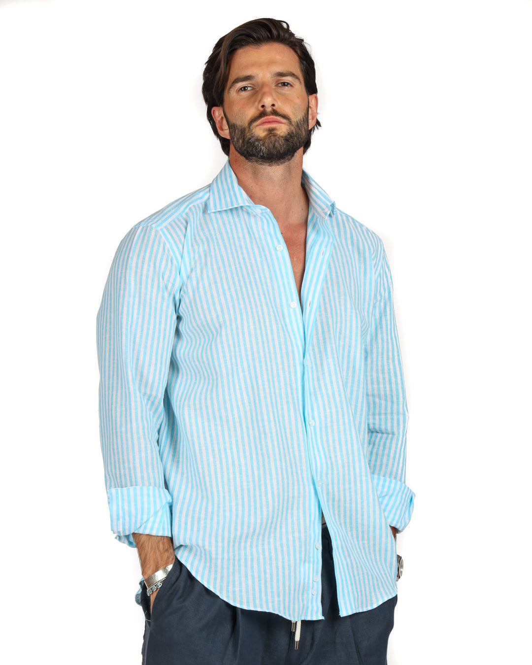 Ischia - Camicia classica righe strette turchese in lino