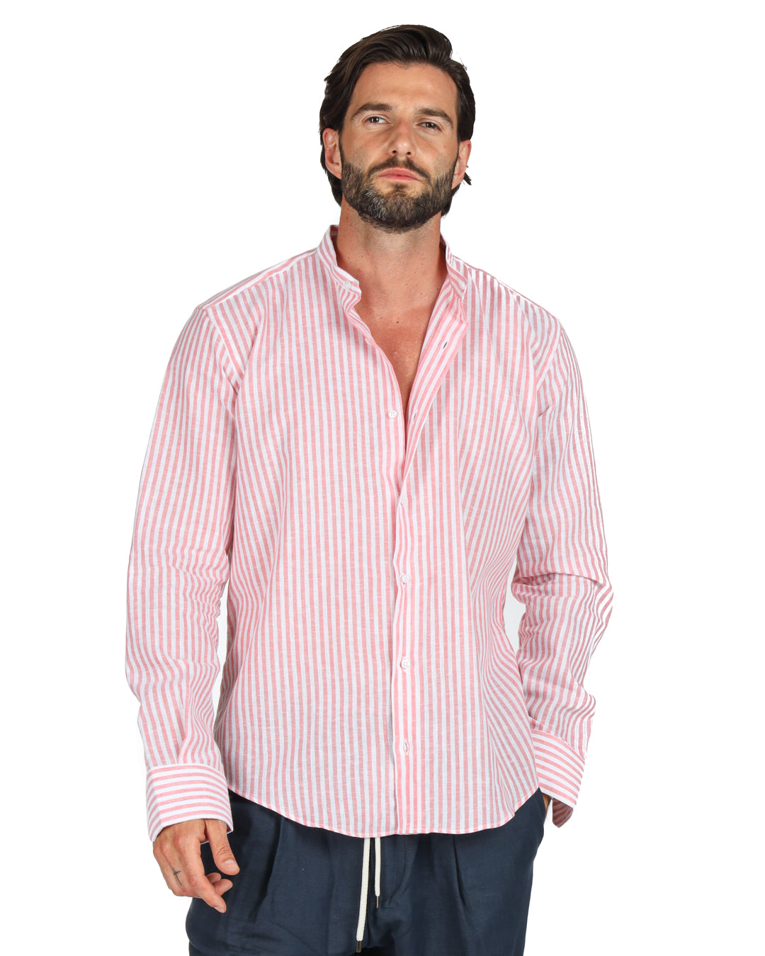 Ischia - Chemise coréenne en lin fines rayures rose