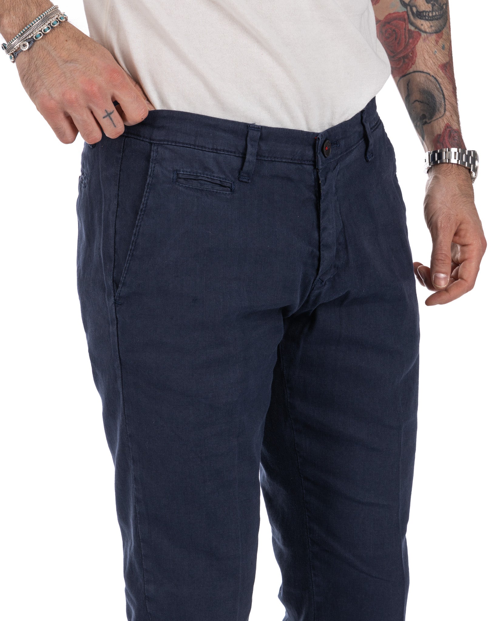 Didier - pantalone blu in lino stretch