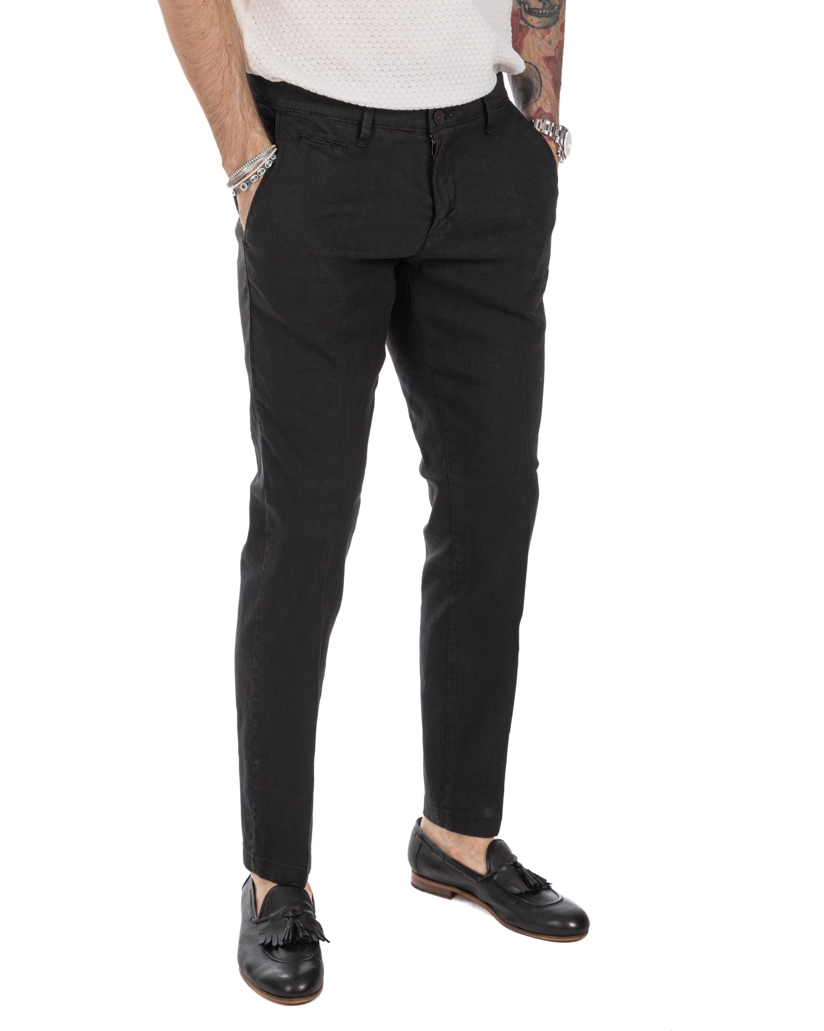 Didier - pantalone nero in lino stretch