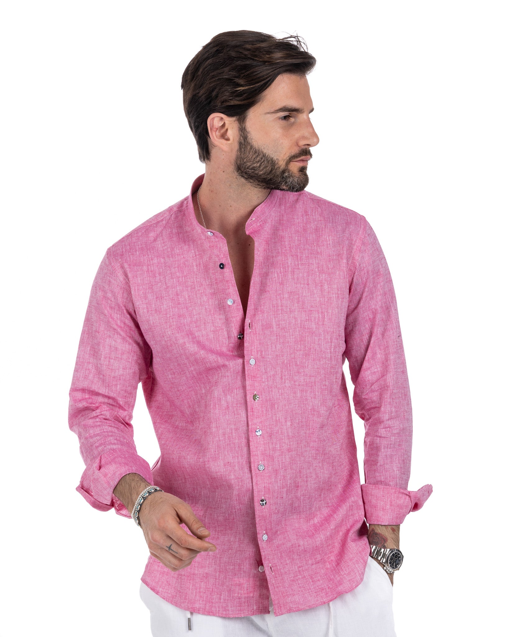 Positano - camicia coreana in lino fucsia