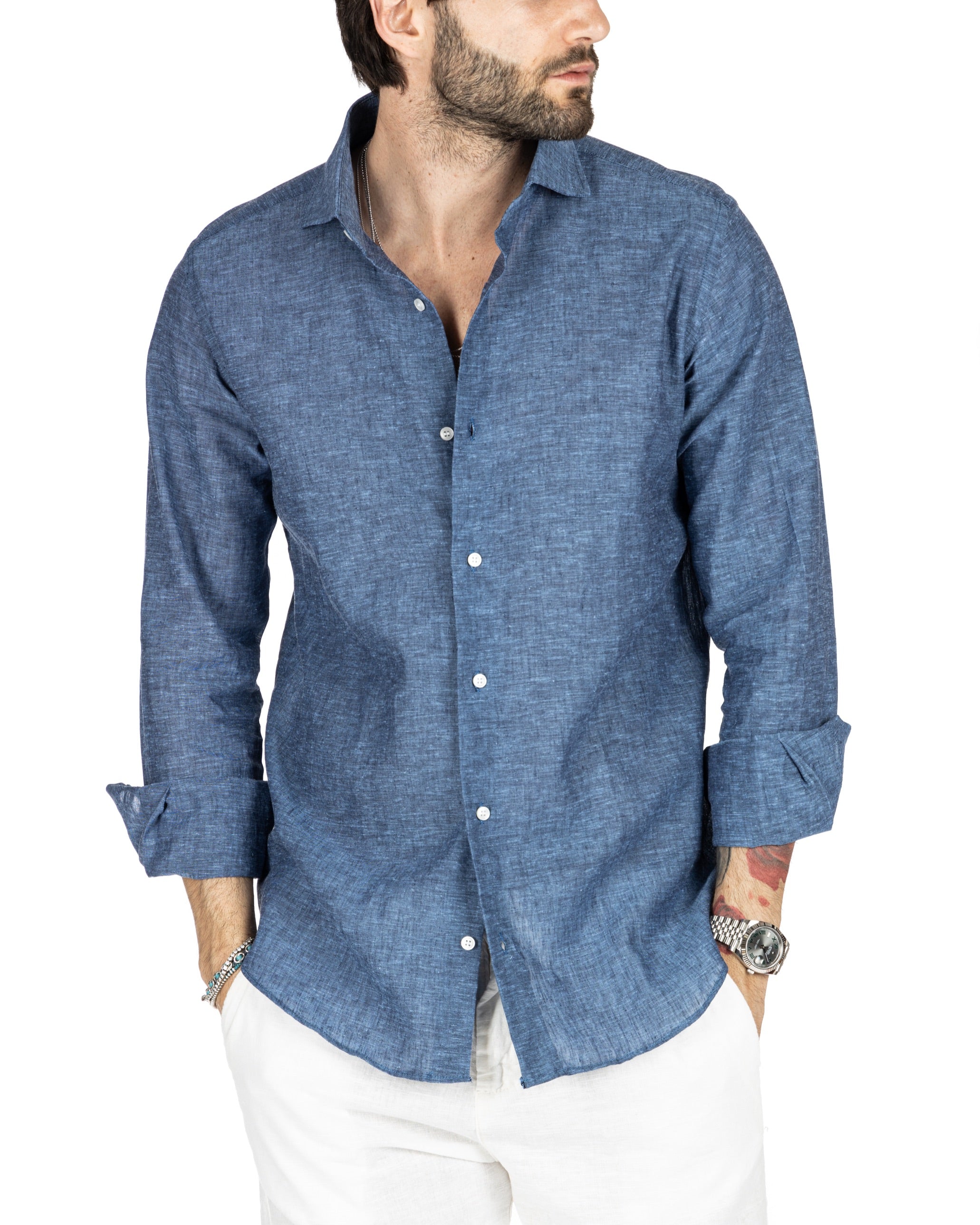Praiano - camicia classica cobalto in lino